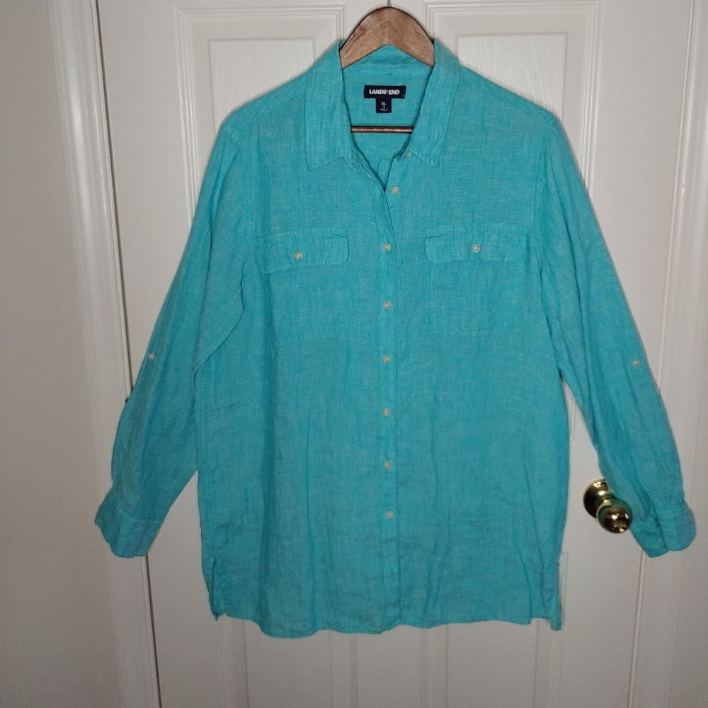 LAND'S END Teal Linen Button Down Shirt